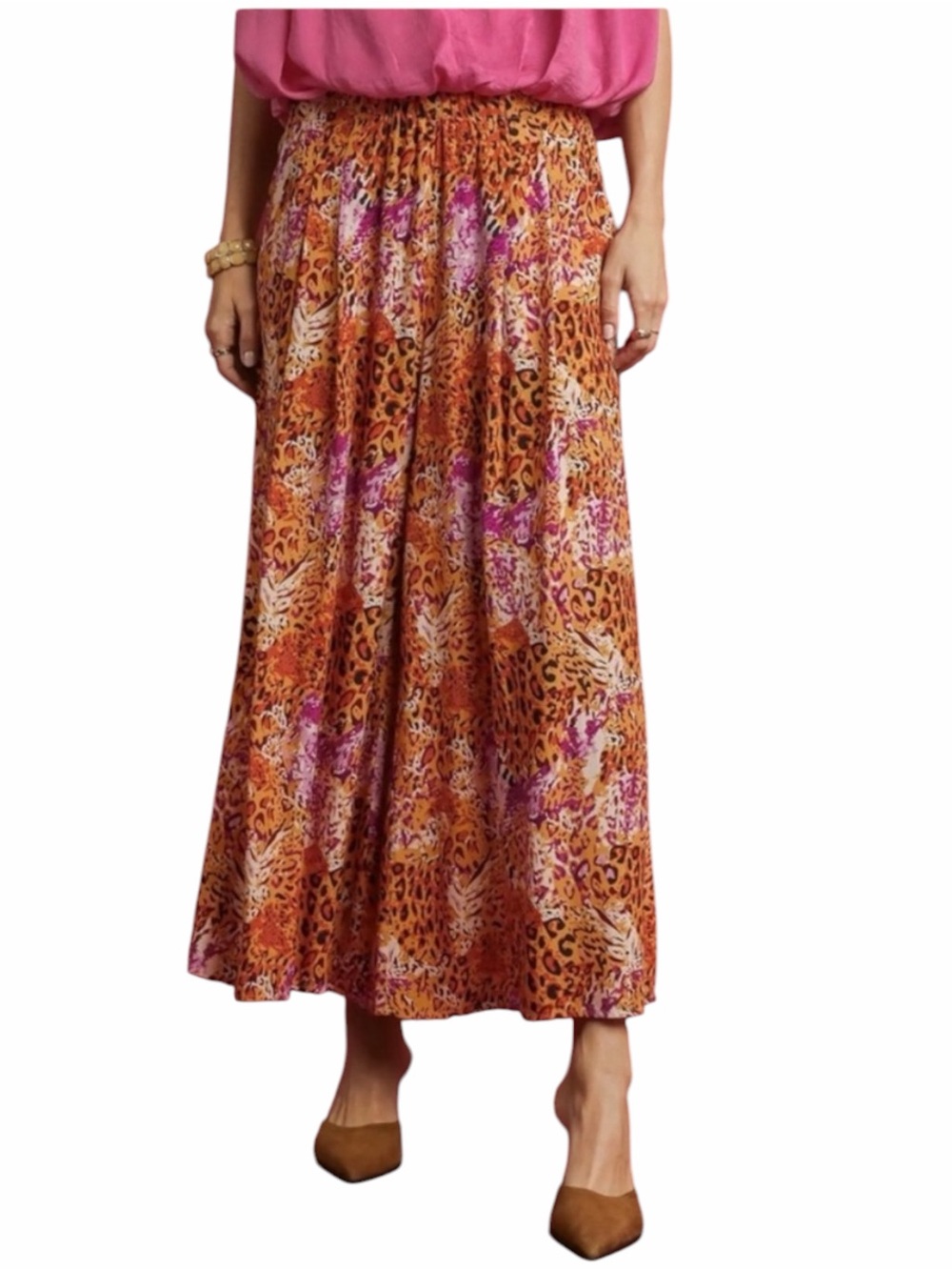 Umgee Super Wide Leg Leopard Print Pants Medium Orange & Purple